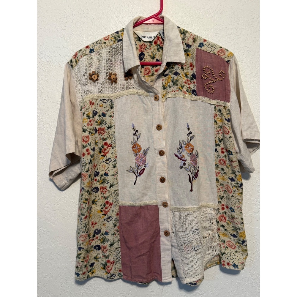 Jane Ashley Vintage Patchwork Floral Embroidery Linen Blend Button Down Shirt M